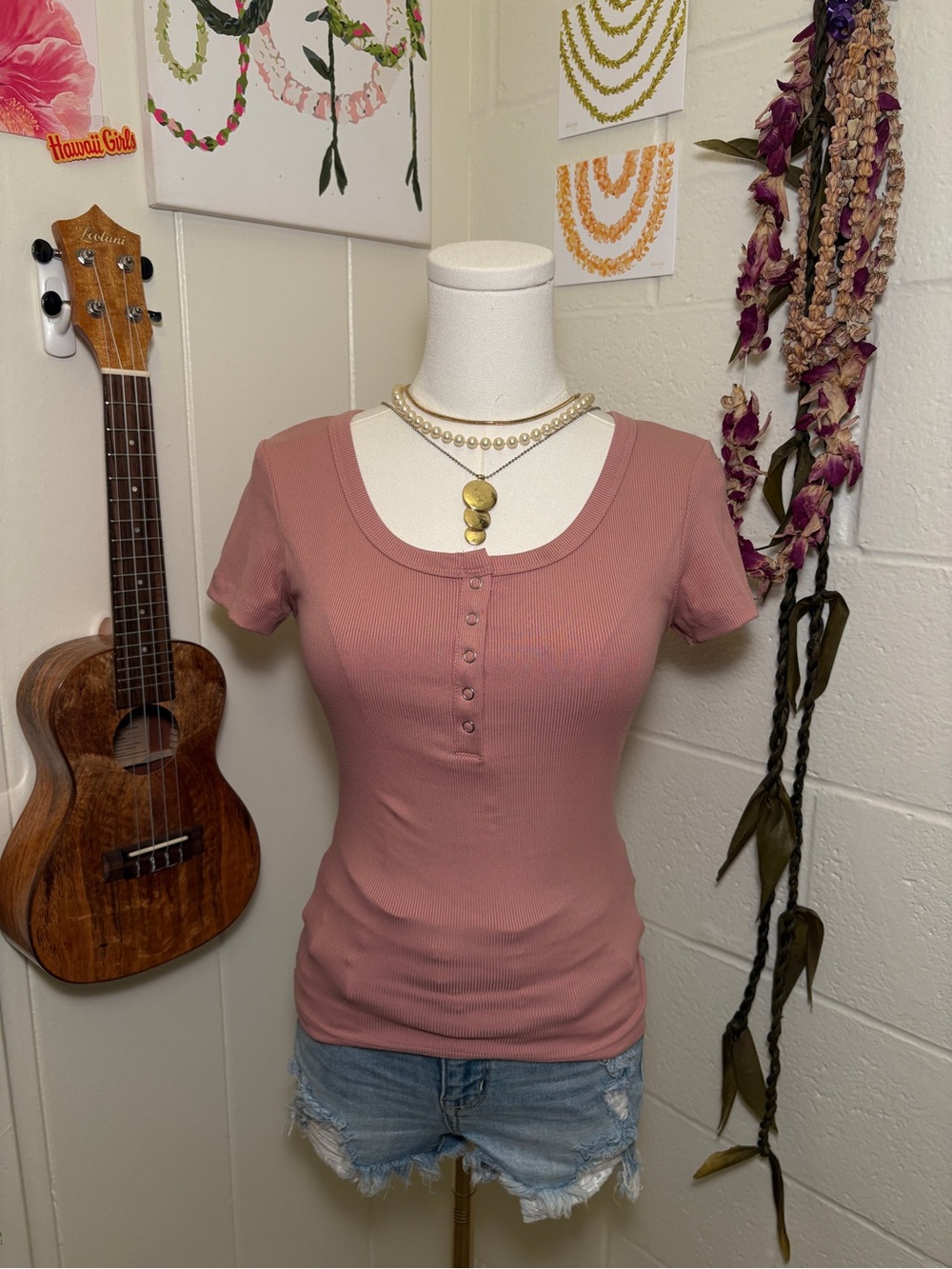 Pink Ribbed Button-Up Women's Top - Picture 2 of 3